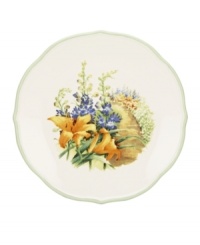 Garden party. The Floral Meadow Daylily accent or salad plates bring eternal spring with a bouquet of white, orange and blue rooted in resilient everyday porcelain. A scalloped edge adds to the charm of the graceful mix-and-match Lenox collection. (Clearance) Garden party. The Floral Meadow Daylily accent or salad plates bring eternal spring with a bouquet of white, orange and blue rooted in resilient everyday porcelain. A scalloped edge adds to the charm of the graceful mix-and-match Lenox collection. (Clearance)