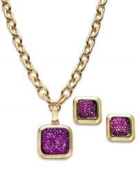 Stylish squares stand out in this pendant necklace and stud earrings set from Charter Club. Crafted from gold-tone mixed metal, the pieces pop with purple stones in the center. Items come packaged in a signature Charter Club box. Approximate length, necklace: 16 inches + 3-inch extender. Approximate drop: 1 inch. Approximate drop, earrings: 1/2 inch. Stylish squares stand out in this pendant necklace and stud earrings set from Charter Club. Crafted from gold-tone mixed metal, the pieces pop with purple stones in the center. Items come packaged in a signature Charter Club box. Approximate length, necklace: 16 inches + 3-inch extender. Approximate drop: 1 inch. Approximate drop, earrings: 1/2 inch.