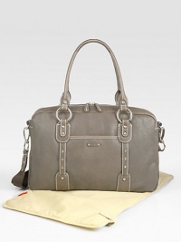 Durable cowhide leather bag features a removable thermo-insulated bottle holder, padded changing mat, key-ring clip and individual compartments for baby's necessities, including a cell phone compartment. Adjustable, removable shoulder strap, 22 drop Top zip closure 11H X 17½W X 5½D Imported Durable cowhide leather bag features a removable thermo-insulated bottle holder, padded changing mat, key-ring clip and individual compartments for baby's necessities, including a cell phone compartment. Adjustable, removable shoulder strap, 22 drop Top zip closure 11H X 17½W X 5½D Imported