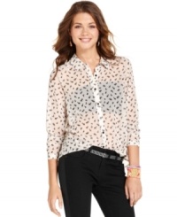 We're total suckers for the cute animal-print on this sheer, button-down blouse from One Clothing! Pair the top with bright accessories for a look that flaunts your fun side. We're total suckers for the cute animal-print on this sheer, button-down blouse from One Clothing! Pair the top with bright accessories for a look that flaunts your fun side.