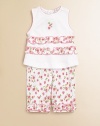 Make your little one look like a princess in this ultra feminine two-piece set, with dainty flowers and pretty ruffles. CrewneckCenter embroidered flowerSleevelessBack snap closureScallop trim at the neckline and arms in contrasting toneElastic waistbandRuffle trim at bottom hem of pantsPima cottonMachine washImported