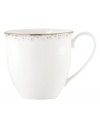 Forecast modern whimsy at meal time with the Silver Mist mug from Lenox Lifestyle dinnerware. The dishes of this collection feature shimmering droplets that trickle in from the platinum-banded edge of bright white bone china. (Clearance)