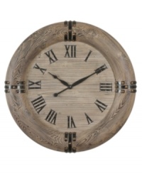 Put in the time with a handsome Dodson wall clock from Uttermost. Measuring over two feet across in natural wood with black metal numbers and antiqued nail heads, it's a handsome piece for down-to-earth settings. Put in the time with a handsome Dodson wall clock from Uttermost. Measuring over two feet across in natural wood with black metal numbers and antiqued nail heads, it's a handsome piece for down-to-earth settings.