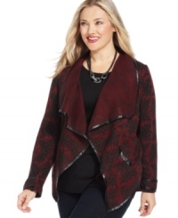 Spice up your look this season with NY Collection's printed plus size jacket, featuring a draped front. Spice up your look this season with NY Collection's printed plus size jacket, featuring a draped front.