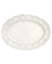 Handcrafted in the Italian tradition, the Merletto oval platter is intricately embellished with a lacy floral texture and painted a creamy antique white. An elegant companion to Arte Italica dinnerware. Handcrafted in the Italian tradition, the Merletto oval platter is intricately embellished with a lacy floral texture and painted a creamy antique white. An elegant companion to Arte Italica dinnerware.