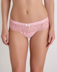 A sheer lace thong with wide sides and contrast bow on front. Style #722607