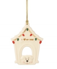 Deck the tree with your favorite pup this Christmas. This precious porcelain dog house is painted with red and green lights and finished with gold detailing. Deck the tree with your favorite pup this Christmas. This precious porcelain dog house is painted with red and green lights and finished with gold detailing.