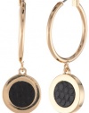 Anne Klein Dalton Black Gold-Tone Black Leather hoop Drop Earrings