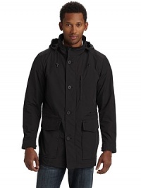 Modern and sporty design keeps you warm and dry during extreme weather conditions, features a detachable down vest and drawstring hood.Zip out hood Front zipper with button storm flap Long sleeves with adjustable button cuffs One zip pocket Dual snap flap pockets Inside drawstring waist One inside zip pocket Zip out down vest Fully lined About 30½ from shoulder to hemShell Modern and sporty design keeps you warm and dry during extreme weather conditions, features a detachable down vest and drawstring hood.Zip out hood Front zipper with button storm flap Long sleeves with adjustable button cuffs One zip pocket Dual snap flap pockets Inside drawstring waist One inside zip pocket Zip out down vest Fully lined About 30½ from shoulder to hemShell