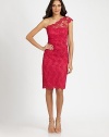 Delicately embroidered floral lace, in an asymmetrical style with prettily scalloped edges.Asymmetrical necklineSingle cap sleeveScalloped edgesConcealed side zipFully linedAbout 24 from natural waistPolyesterDry cleanMade in USA of imported fabricModel shown is 5'10½ (179cm) wearing US size 4. 