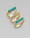 Three exquisite rings with either bold turquoise bars or dazzling rhinestones, perfect for stacking. TurquoiseGlass stonesGoldtone brassWidth, about ¾Imported