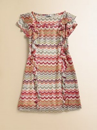 A colorful zig-zag print is adorned with ruffles for an egdy, yet girly, look.ScoopneckShort flutter sleevesPullover styleA-line silhouettePolyesterHand washMade in the USA of imported fabric A colorful zig-zag print is adorned with ruffles for an egdy, yet girly, look.ScoopneckShort flutter sleevesPullover styleA-line silhouettePolyesterHand washMade in the USA of imported fabric