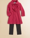 Tailored seams and ruffled bib detail make this classic peacoat design perfect for dressy occasions.Rounded collarFront button closureTailored seamsPolyester/viscoseFully linedMachine washImported