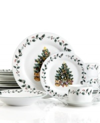 Trimmed with cheerful garlands of holly, Gibson's Tree Trimmings dinnerware evokes old-fashioned Christmases of the past but, in dishwasher and microwave-safe porcelain, is a joy on today's tables. Trimmed with cheerful garlands of holly, Gibson's Tree Trimmings dinnerware evokes old-fashioned Christmases of the past but, in dishwasher and microwave-safe porcelain, is a joy on today's tables.