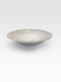 A beautiful piece for any home, individually handcrafted in India with artisanal craftsmanship. Sandcasted aluminum is hand-colored with a crushed, opalescent mother-of-pearl enamel and finished with a mother-of-pearl inlay border. Engraved signature 4½H X 15 diam. Hand wash Imported A beautiful piece for any home, individually handcrafted in India with artisanal craftsmanship. Sandcasted aluminum is hand-colored with a crushed, opalescent mother-of-pearl enamel and finished with a mother-of-pearl inlay border. Engraved signature 4½H X 15 diam. Hand wash Imported