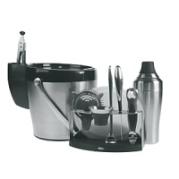 This 11-piece barware sets you up in style for entertaining, dinner parties or laid-back fun with friends. Set includes a strainer, jigger, mixing spoon, bottle opener, bar cutting board, stand, shaker, ice bucket, ice tongs and ice tong caddy. This 11-piece barware sets you up in style for entertaining, dinner parties or laid-back fun with friends. Set includes a strainer, jigger, mixing spoon, bottle opener, bar cutting board, stand, shaker, ice bucket, ice tongs and ice tong caddy.