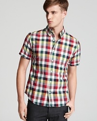 Colorful checks alert everyone to your laid-back attitude and keen sense of trend with this handsome short-sleeve button-down that's perfect for warm weather days. Colorful checks alert everyone to your laid-back attitude and keen sense of trend with this handsome short-sleeve button-down that's perfect for warm weather days.
