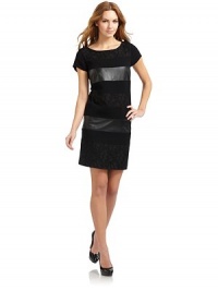 THE LOOKPaneled designShort sleevesExposed back zipperA-line silhouetteTHE FITAbout 36 from shoulder to hemTHE MATERIAL70% rayon/30% acrylic twillCombo fabric 1: 60% cotton/40% nylonCombo fabric 2: leatherCARE & ORIGINDry clean by leather specialistImportedModel shown is 5'10 (177cm) wearing US size 4. THE LOOKPaneled designShort sleevesExposed back zipperA-line silhouetteTHE FITAbout 36 from shoulder to hemTHE MATERIAL70% rayon/30% acrylic twillCombo fabric 1: 60% cotton/40% nylonCombo fabric 2: leatherCARE & ORIGINDry clean by leather specialistImportedModel shown is 5'10 (177cm) wearing US size 4.
