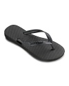Widely considered one of the most comfortable rubber flip flops in the world. Wear these basic waterproof rubber flip flops anywhere. Logo embossed solid thong strap and logo debossed cushioned footbed.