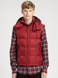 A warm, quilted silhouette and a removable drawstring hood adds a city-cool look to this military-inspired down vest for a relaxed, refined style that will remain season after season.Two-way frontRemovable drawstring hoodSide zip pocketsAbout 26 from shoulder to hemNylonDry cleanImported A warm, quilted silhouette and a removable drawstring hood adds a city-cool look to this military-inspired down vest for a relaxed, refined style that will remain season after season.Two-way frontRemovable drawstring hoodSide zip pocketsAbout 26 from shoulder to hemNylonDry cleanImported