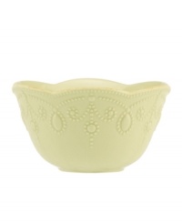 With fanciful beading and a feminine edge, this Lenox French Perle fruit bowl has an irresistibly old-fashioned sensibility. Hardwearing stoneware is dishwasher safe and, in a soft pistachio hue with antiqued trim, a graceful addition to any meal. With fanciful beading and a feminine edge, this Lenox French Perle fruit bowl has an irresistibly old-fashioned sensibility. Hardwearing stoneware is dishwasher safe and, in a soft pistachio hue with antiqued trim, a graceful addition to any meal.