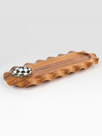 Elegantly handcrafted, wavy acacia wood tray is accented by a hand-painted checkerboard patterned bowl of ivory and onyx for a real crowd pleaser.Carved acacia wood will not absorb stains or odorsDurable steel bowl with stainless steel rimHand wash8 X 21Imported Elegantly handcrafted, wavy acacia wood tray is accented by a hand-painted checkerboard patterned bowl of ivory and onyx for a real crowd pleaser.Carved acacia wood will not absorb stains or odorsDurable steel bowl with stainless steel rimHand wash8 X 21Imported