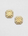 An octagonal design featuring an iconic logo center. 16k goldplated brassSize, about .75Post backImported 