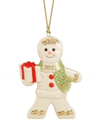 Spice up holiday decor with a sweet gingerbread boy by Lenox. Featuring a button nose, quilted scarf and radiant gold accents, this cookie-cutter cute ornament ensures you'll never forget the 2012 season. Spice up holiday decor with a sweet gingerbread boy by Lenox. Featuring a button nose, quilted scarf and radiant gold accents, this cookie-cutter cute ornament ensures you'll never forget the 2012 season.