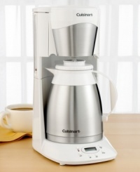 Now you can enjoyed piping hot, full-flavored coffee in style. This handsome coffee maker from Cuisinart features a good-looking brushed stainless steel carafe that keeps coffee hot for 12 hours. The patented brew-through and pour-through lid means coffee means less mess. Totally programmable, this coffee maker can be started any time during a 24-hour cycle. Loaded with useful features like Brew Pause, automatic shutoff, brewing complete alarm and a #4 paper filter starter kit. Covered by a three-year limited warranty. Model DTC-975 Now you can enjoyed piping hot, full-flavored coffee in style. This handsome coffee maker from Cuisinart features a good-looking brushed stainless steel carafe that keeps coffee hot for 12 hours. The patented brew-through and pour-through lid means coffee means less mess. Totally programmable, this coffee maker can be started any time during a 24-hour cycle. Loaded with useful features like Brew Pause, automatic shutoff, brewing complete alarm and a #4 paper filter starter kit. Covered by a three-year limited warranty. Model DTC-975