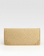 A soft, woven envelope bag finished with goldtone hardware and a chic chain strap.Removable chain shoulder strap, 10 dropFlap snap closureOne outside open pocketOne inside zip pocketOne inside open pocketSuede lining12W X 6H X 1¼D77% polyproylene/20% calfskin/3% polyesterImported