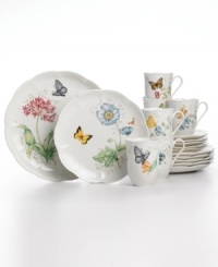 A Lenox classic, the Butterfly Meadow dinnerware and dishes set features whimsical butterflies and blooms on scalloped white porcelain. Service for six with unique mix-and-match nature motifs spreads springtime cheer from one season to the next. A Lenox classic, the Butterfly Meadow dinnerware and dishes set features whimsical butterflies and blooms on scalloped white porcelain. Service for six with unique mix-and-match nature motifs spreads springtime cheer from one season to the next.