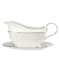 For nearly 150 years, Lenox has been renowned throughout the world as a premier designer and manufacturer of fine china. The simple and classic Hannah Platinum pattern brings a timeless refinement to your formal entertaining table, in pure white bone china embossed with a subtle palmetto-leaf design, and banded in platinum. Gravy boat shown back right. For nearly 150 years, Lenox has been renowned throughout the world as a premier designer and manufacturer of fine china. The simple and classic Hannah Platinum pattern brings a timeless refinement to your formal entertaining table, in pure white bone china embossed with a subtle palmetto-leaf design, and banded in platinum. Gravy boat shown back right.