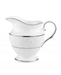 A sweet lace pattern combines with platinum borders to add graceful elegance to your tabletop. The classic shape and pristine white shade make this creamer a timeless addition to any meal. From Lenox's dinnerware and dishes collection. A sweet lace pattern combines with platinum borders to add graceful elegance to your tabletop. The classic shape and pristine white shade make this creamer a timeless addition to any meal. From Lenox's dinnerware and dishes collection.