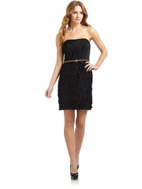 THE LOOKStraplessDraped, ruched bodiceInvisible side zip with hook-and-eye closureAnimal-print belt cinches waistAllover petal detail at skirtTHE FITAbout 20½ from natural waistTHE MATERIAL95% silk/5% spandexCARE & ORIGINDry cleanImportedModel shown is 5'10 (177cm) wearing US size 4. THE LOOKStraplessDraped, ruched bodiceInvisible side zip with hook-and-eye closureAnimal-print belt cinches waistAllover petal detail at skirtTHE FITAbout 20½ from natural waistTHE MATERIAL95% silk/5% spandexCARE & ORIGINDry cleanImportedModel shown is 5'10 (177cm) wearing US size 4.
