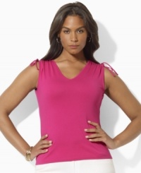 Ruched drawstring ties at the shoulders lend flirty appeal to this plus size Lauren by Ralph Lauren top, rendered in breathable cotton jersey that's perfect for the season. (Clearance) Ruched drawstring ties at the shoulders lend flirty appeal to this plus size Lauren by Ralph Lauren top, rendered in breathable cotton jersey that's perfect for the season. (Clearance)