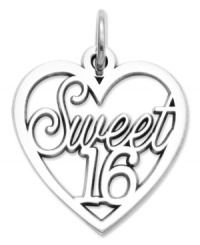 The perfect birthday gift to commemorate a special day. This heart-shaped charm features the words Sweet 16 in cut-out 14k white gold. Chain not included. Approximate length: 9/10 . Approximate width: 3/5 inch.