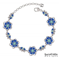 Lucia Costin Flower Bracelet with Center Flowers, Mint Blue and Blue Swarovski Crystals, Set with Twisted Lines and Leaves; .925 Sterling Silver; Handmade in USA Lucia Costin Flower Bracelet with Center Flowers, Mint Blue and Blue Swarovski Crystals, Set with Twisted Lines and Leaves; .925 Sterling Silver; Handmade in USA