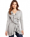 Magaschoni Women's 100% Cashmere Ruffle Cardigan, Light Silver Mouline, X-Large