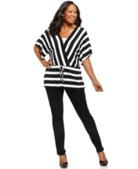 Looking super-cute is a cinch with Cha Cha Vente's short sleeve plus size top, featuring a striped pattern and drawstring waist.