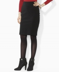 Crafted in stretch cotton for a figure-flattering fit, Lauren Ralph Lauren's chic velvet skirt is tailored in a straight silhouette for a sleek look. Crafted in stretch cotton for a figure-flattering fit, Lauren Ralph Lauren's chic velvet skirt is tailored in a straight silhouette for a sleek look.