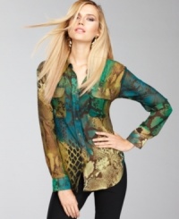 A variety of prints from the animal kingdom creates an intriguing mix atop INC's ever-so-slightly-sheer shirt! A variety of prints from the animal kingdom creates an intriguing mix atop INC's ever-so-slightly-sheer shirt!
