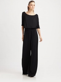 Effortlessly-chic in soft stretch jersey, draped and gathered in a distinctive wide-leg silhouette.BoatneckDropped shouldersThree-quarter sleevesBlouson bodiceGathered waistInseam, about 3792% modal/8% spandexDry cleanMade in USA of imported fabricModel shown is 5'10 (177cm) wearing US size Small. Effortlessly-chic in soft stretch jersey, draped and gathered in a distinctive wide-leg silhouette.BoatneckDropped shouldersThree-quarter sleevesBlouson bodiceGathered waistInseam, about 3792% modal/8% spandexDry cleanMade in USA of imported fabricModel shown is 5'10 (177cm) wearing US size Small.