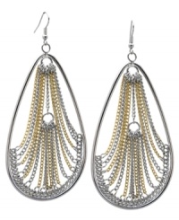 Complete your look with a blend of tones. The intriguing cut-out shape and multi-chain design of GUESS's gypsy eardrops add a chic touch to any look. Set in gold tone and imitation rhodium-plated mixed metal. Approximate drop: 3-1/2 inches. Approximate diameter: 1-3/4 inches.