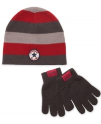 Get him geared up for the snow in the cold with the classic style of this beanie and gloves set from Converse. Get him geared up for the snow in the cold with the classic style of this beanie and gloves set from Converse.