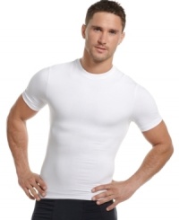 In a slimming stretch cotton blend, One Flat Jack's compression crew neck t-shirt pulls double duty so you can lose the extra baggage and wick away moisture for a cool burst of confidence. In a slimming stretch cotton blend, One Flat Jack's compression crew neck t-shirt pulls double duty so you can lose the extra baggage and wick away moisture for a cool burst of confidence.