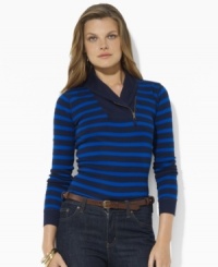 Lauren Ralph Lauren's soft cotton jersey pullover is made complete with breezy stripes, a heritage shawl collar and chic zip-up detailing. Lauren Ralph Lauren's soft cotton jersey pullover is made complete with breezy stripes, a heritage shawl collar and chic zip-up detailing.