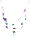 Sterling Silver and Stainless Steel 3-Row Illusion Turquoise and Amethyst Necklace, 16+3 Extender