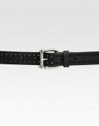 Perforated leather with a square buckle and embossed Gucci logo.Palladium hardwareLeatherAbout 1 wideMade in Italy