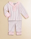 A charming two-piece cotton set for your little princess adorned with ruffles, scalloped trim and pretty stripes. Shirt Ruffled V-neckLong sleeves with scalloped cuffsSnap-front Pants Elastic waistbandSeat rufflesCottonMachine washImported Please note: Number of snaps may vary depending on size ordered. 
