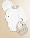 A classic cotton knit bodysuit, bib and hat accented with a soft-toned classic check pattern.Peter Pan collarLong sleevesBack snapsBottom snapsCottonMachine washImported Please note: Number of snaps may vary depending on size ordered. 